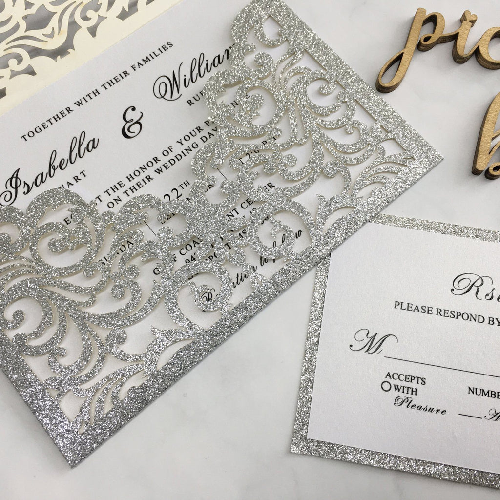 Luxury Glitter Silver Wedding Invitations, Grey Pocket Invitation Cards With RSVP Cards Picky Bride