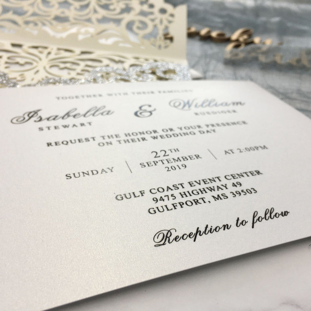 Luxury Glitter Silver Wedding Invitations, Grey Pocket Invitation Cards With RSVP Cards Picky Bride