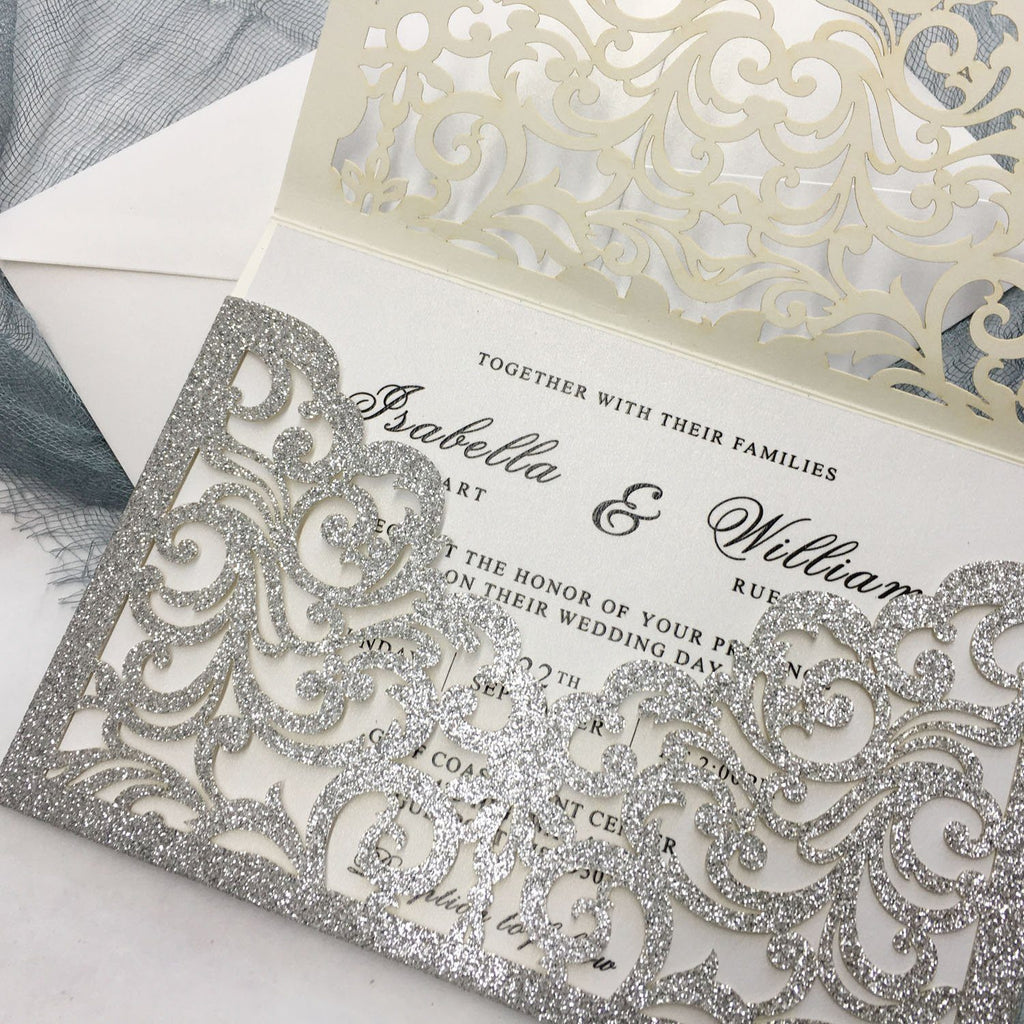 Luxury Glitter Silver Wedding Invitations, Grey Pocket Invitation Cards With RSVP Cards Picky Bride 
