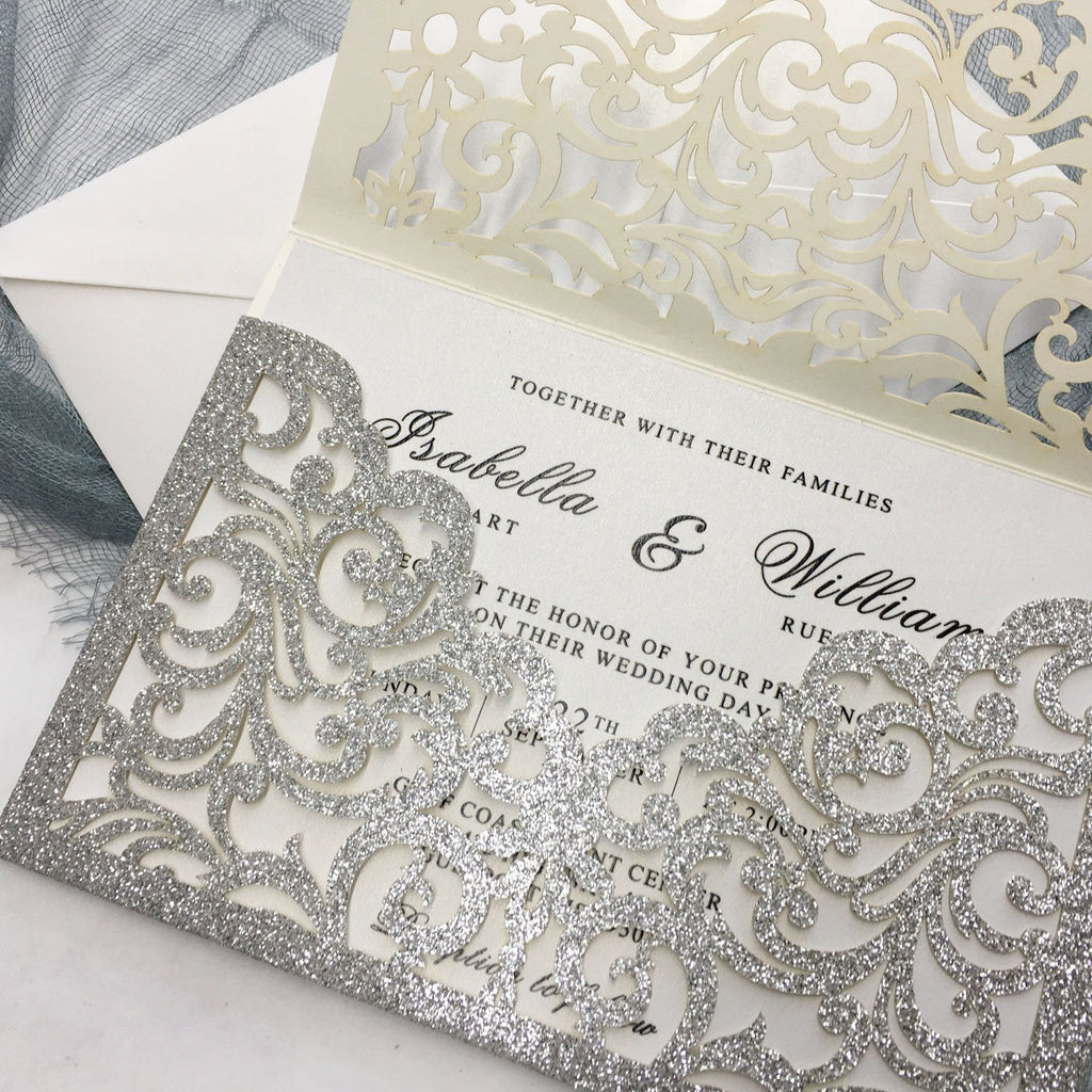 Luxury Glitter Silver Wedding Invitations, Grey Pocket Invitation Cards With RSVP Cards Picky Bride