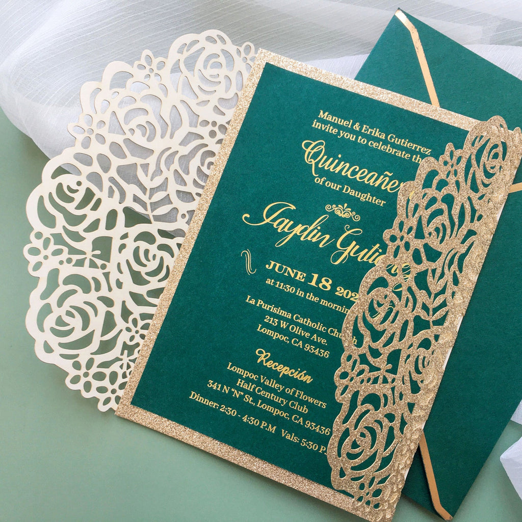 Luxury Gold Glitter Rose and Green Wedding Invitation with Gold Foil Printing Wedding Ceremony Supplies Picky Bride 