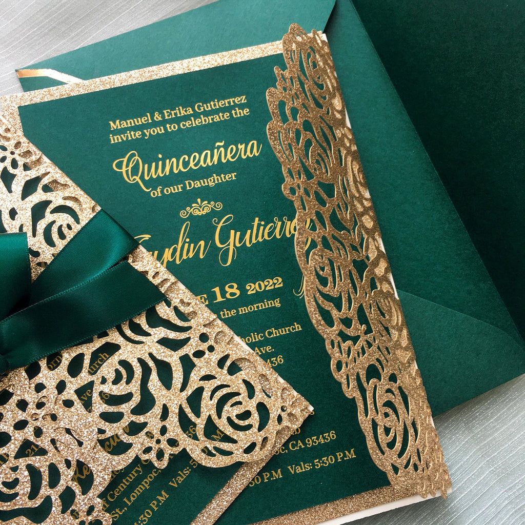 Luxury Gold Glitter Rose and Green Wedding Invitation with Gold Foil Printing Wedding Ceremony Supplies Picky Bride