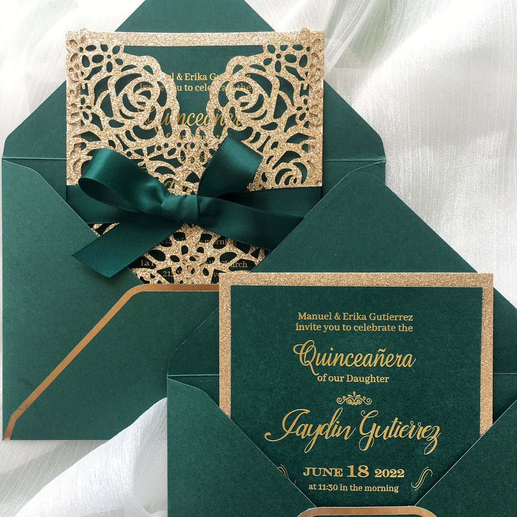 Luxury Gold Glitter Rose and Green Wedding Invitation with Gold Foil Printing Wedding Ceremony Supplies Picky Bride