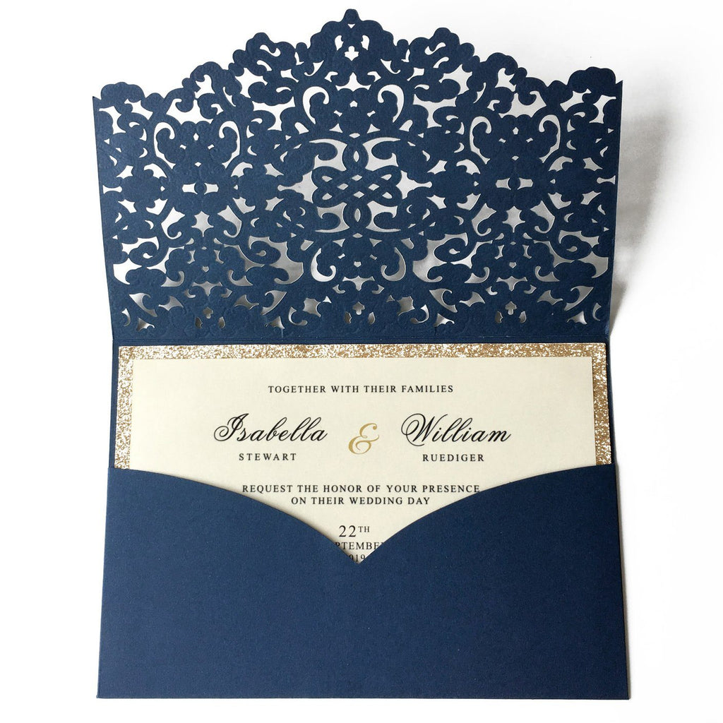 Luxury Navy Wedding Invitation Cards Pocket Design PB1988-N Picky Bride