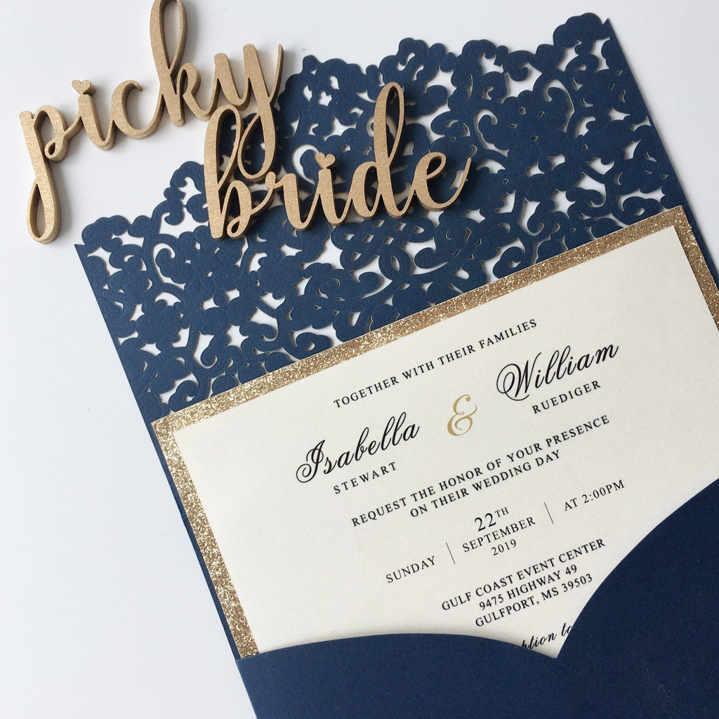 Luxury Navy Wedding Invitation Cards Pocket Design PB1988-N Picky Bride