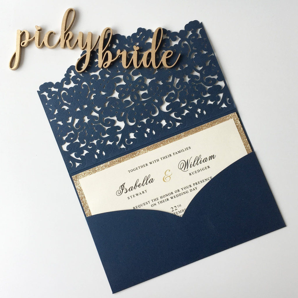 Luxury Navy Wedding Invitation Cards Pocket Design PB1988-N Picky Bride