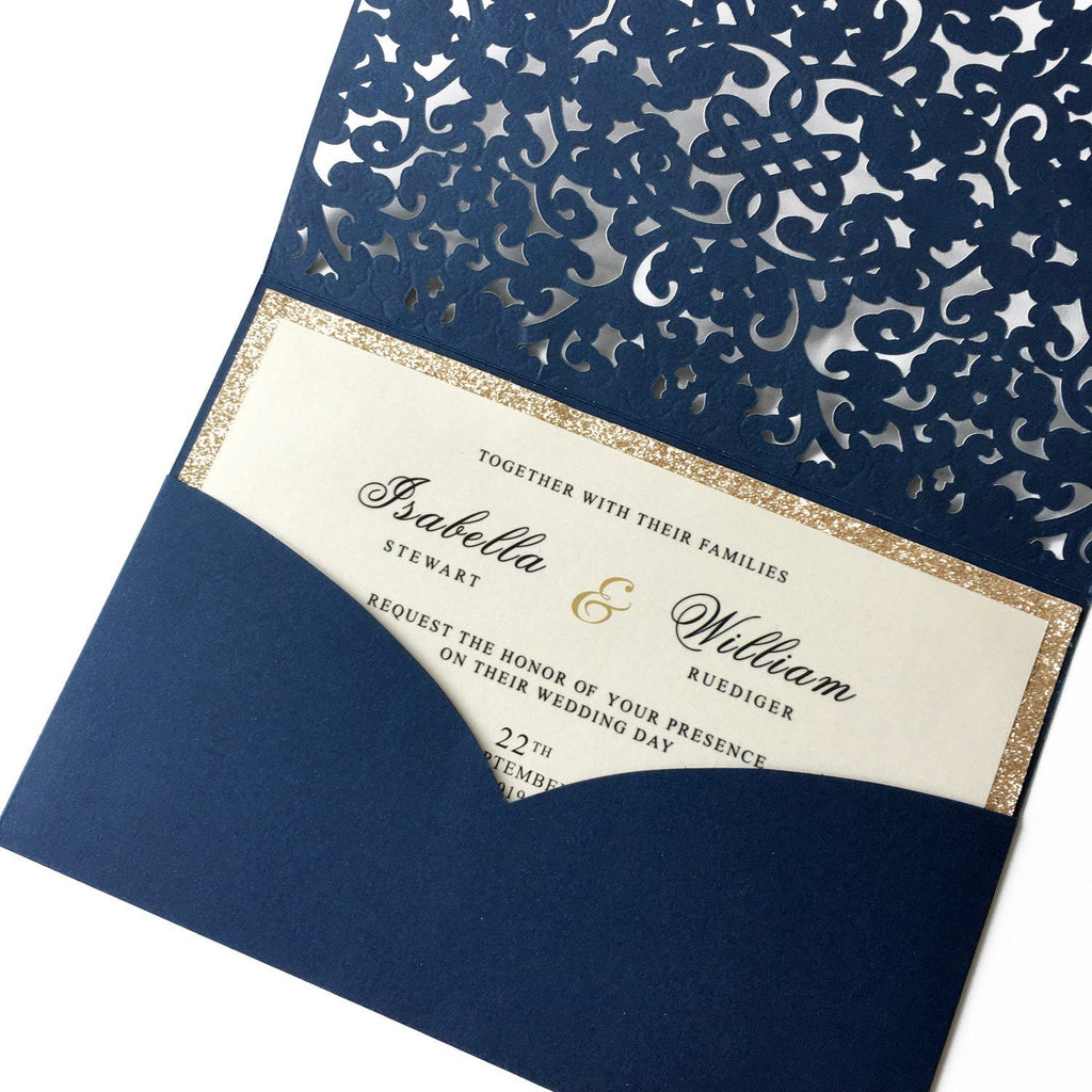 Luxury Navy Wedding Invitation Cards Pocket Design PB1988-N Picky Bride