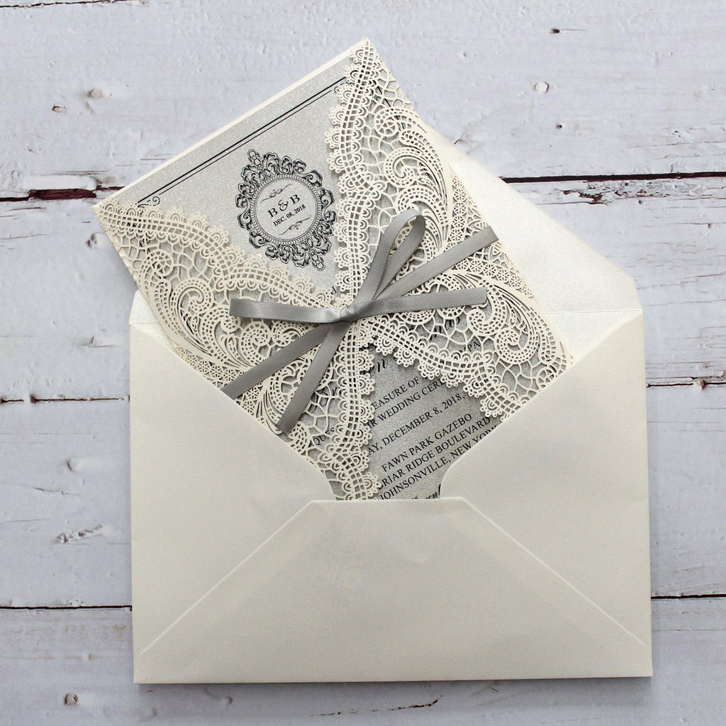 Metallic Silver Wedding Invitation with Ribbon Bow and Envelopes Picky Bride