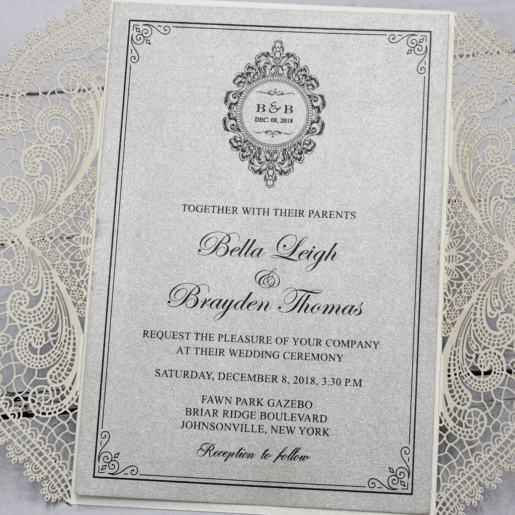 Metallic Silver Wedding Invitation with Ribbon Bow and Envelopes Picky Bride