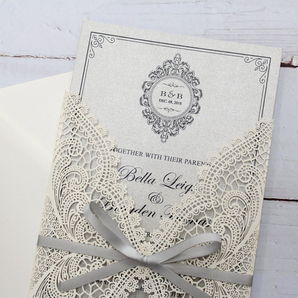 Metallic Silver Wedding Invitation with Ribbon Bow and Envelopes Picky Bride