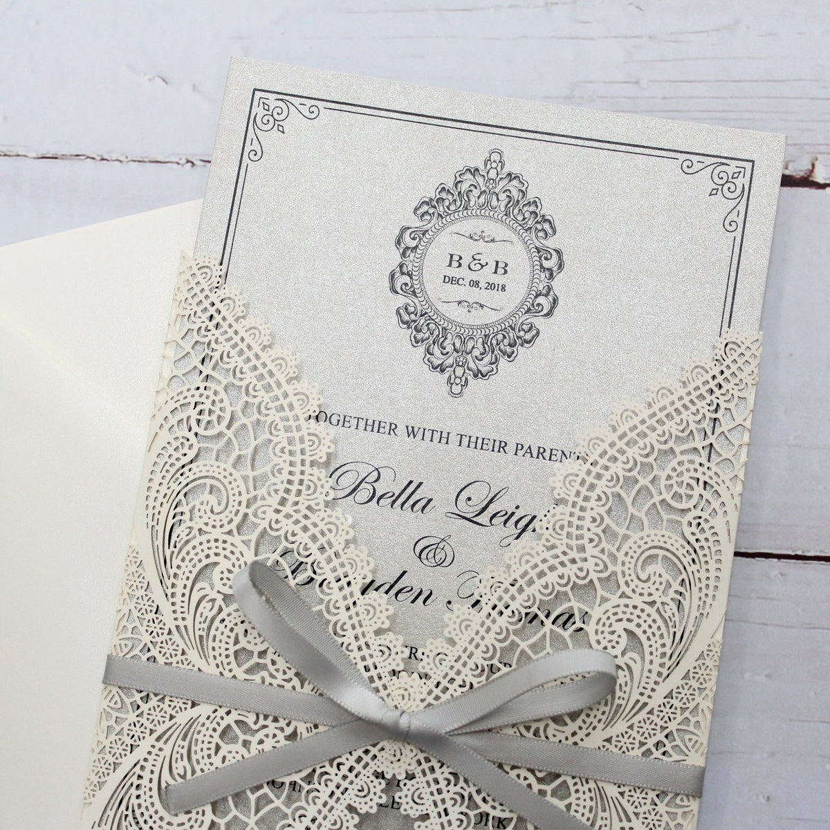 Silvery Laser Cut Wedding Invitation Blue Ribbons Blank With - Temu