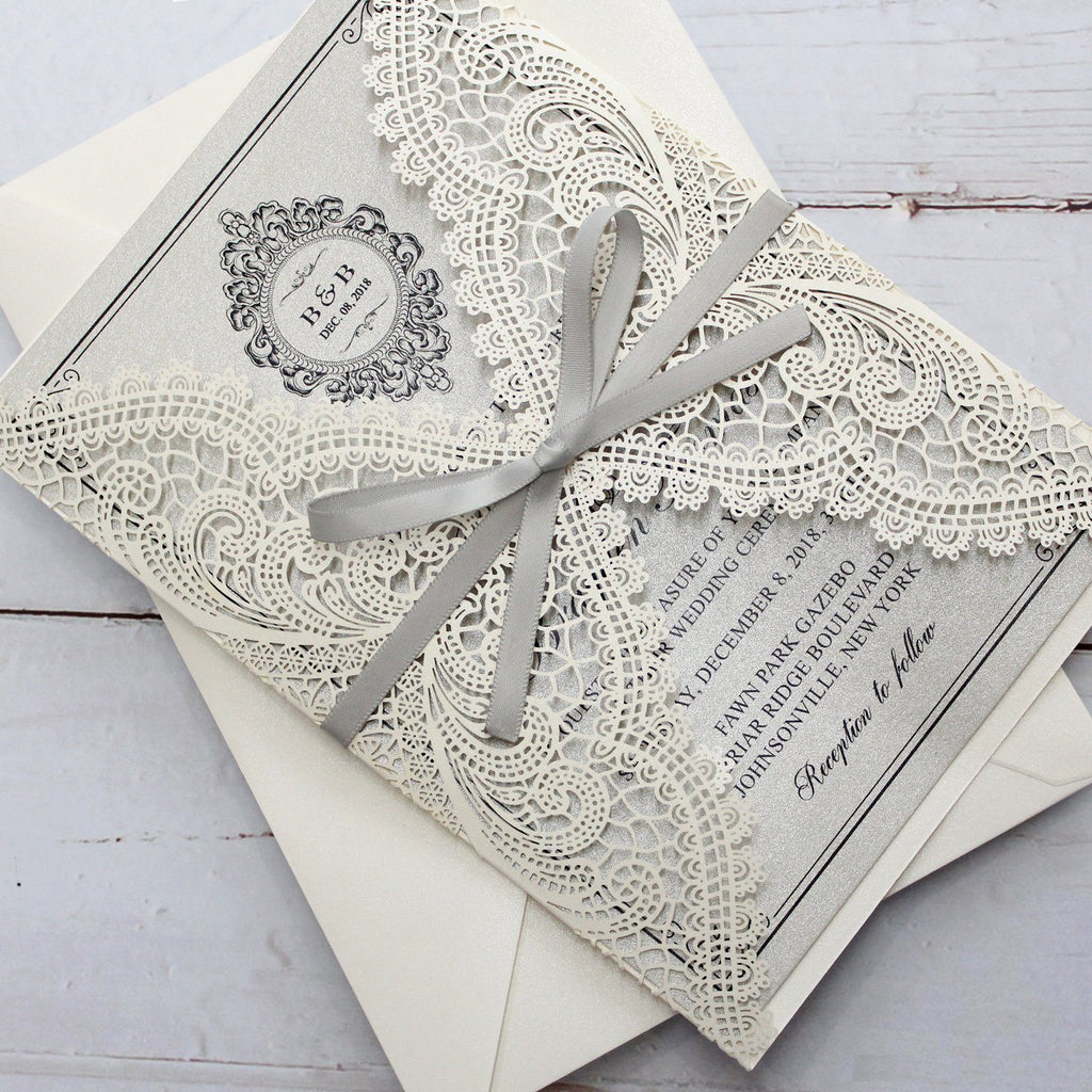 Metallic Silver Wedding Invitation with Ribbon Bow and Envelopes Picky Bride
