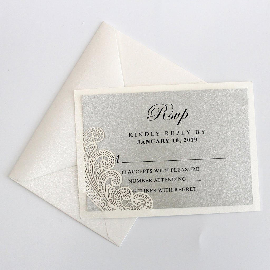 Metallic Silver Wedding Invitation with Ribbon Bow and Envelopes Picky Bride 