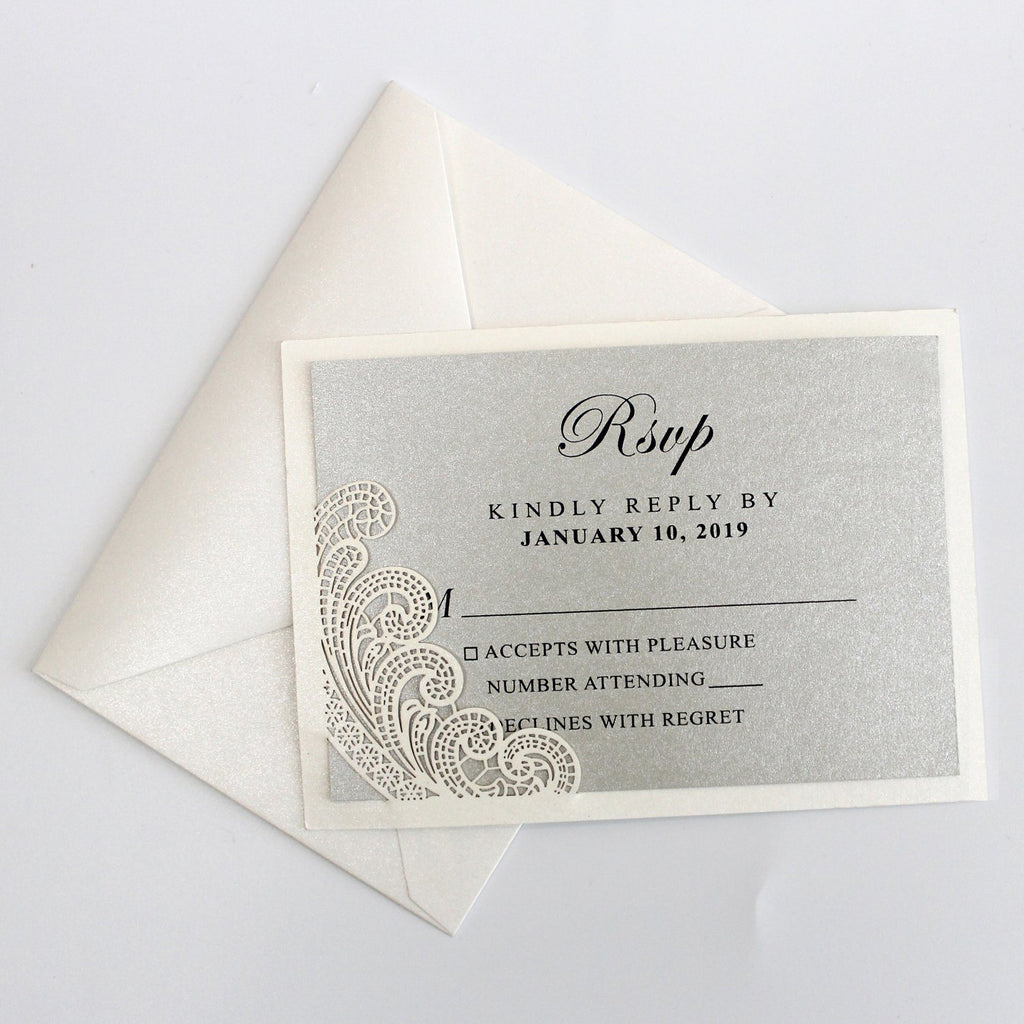 Metallic Silver Wedding Invitation with Ribbon Bow and Envelopes Picky Bride