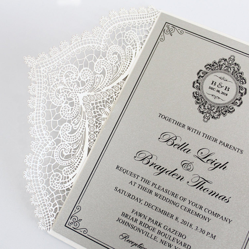 Metallic Silver Wedding Invitation with Ribbon Bow and Envelopes Picky Bride