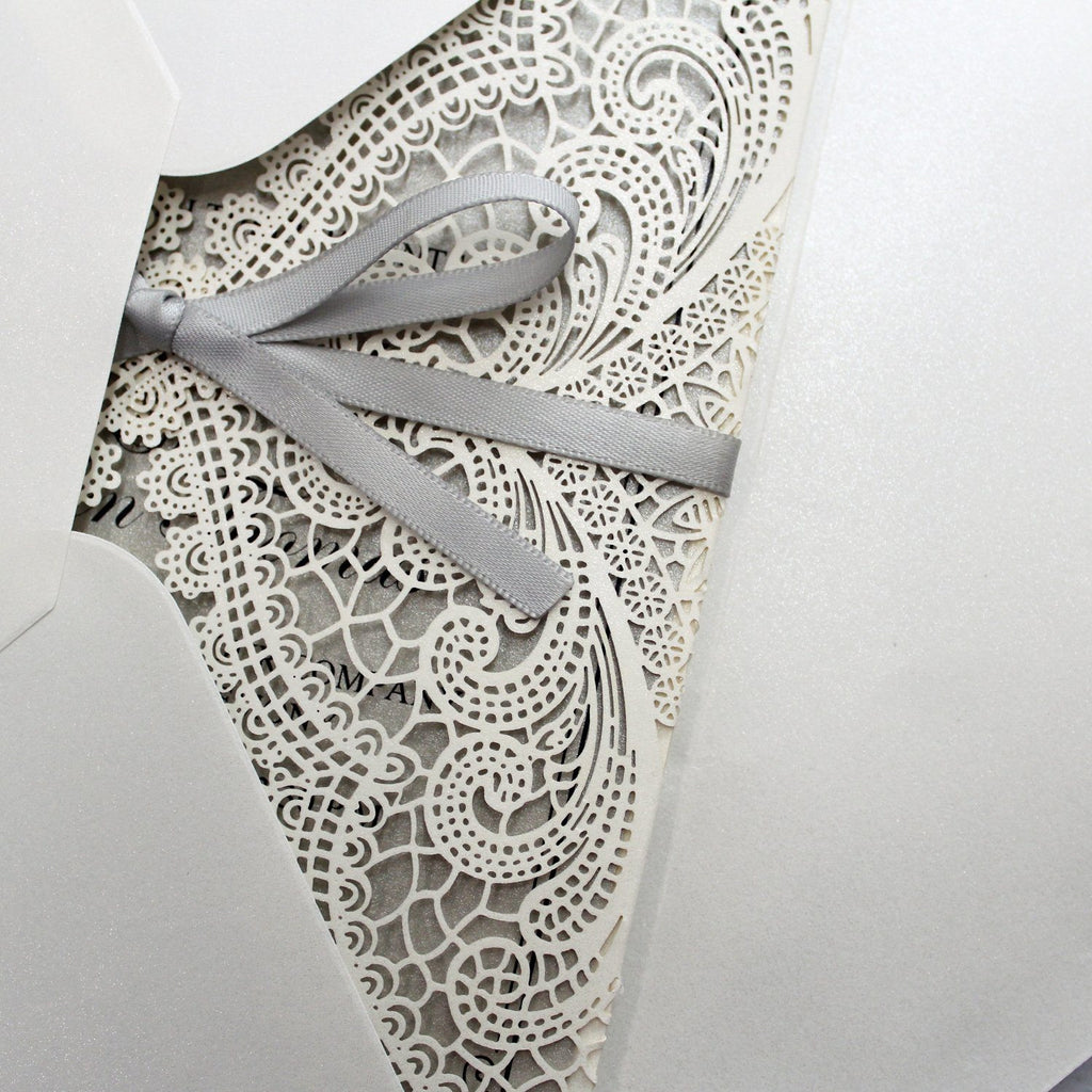 Metallic Silver Wedding Invitation with Ribbon Bow and Envelopes Picky Bride