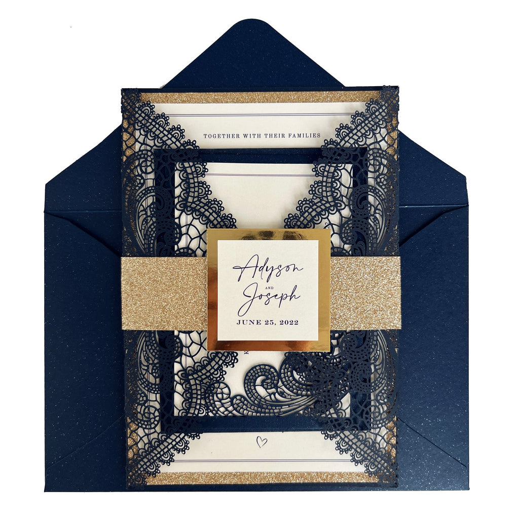 Navy and Gold Wedding Invitations Suite with Gold Glitter Bellyband Wedding Ceremony Supplies Picky Bride