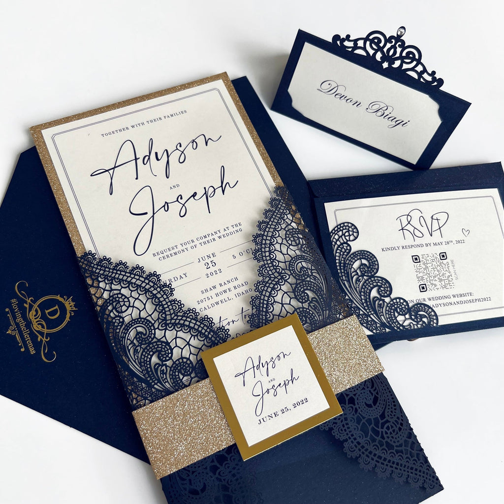 Navy and Gold Wedding Invitations Suite with Gold Glitter Bellyband Wedding Ceremony Supplies Picky Bride 