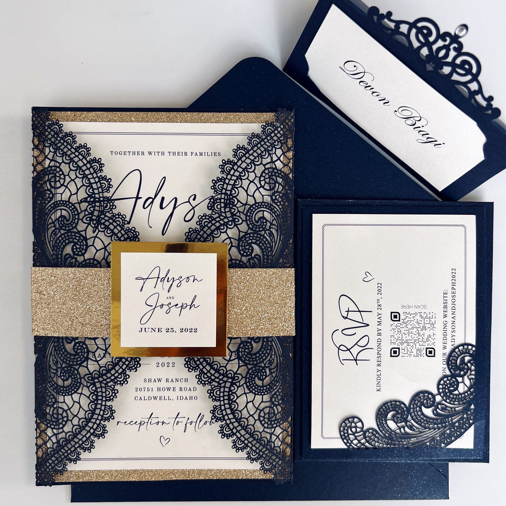 Navy and Gold Wedding Invitations Suite with Gold Glitter Bellyband Wedding Ceremony Supplies Picky Bride