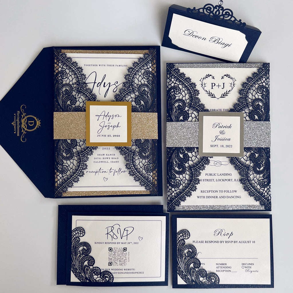 Navy and Gold Wedding Invitations Suite with Gold Glitter Bellyband Wedding Ceremony Supplies Picky Bride