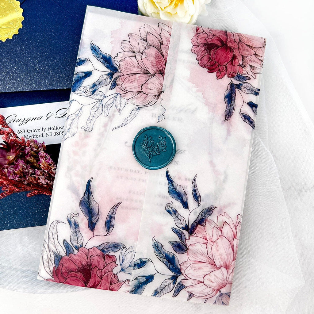 Navy and Pink Floral Vellum Wedding Invitation Suite with Wax Seal, Boho Floral Wedding Invitations, Printable Vellum Wrap Picky Bride