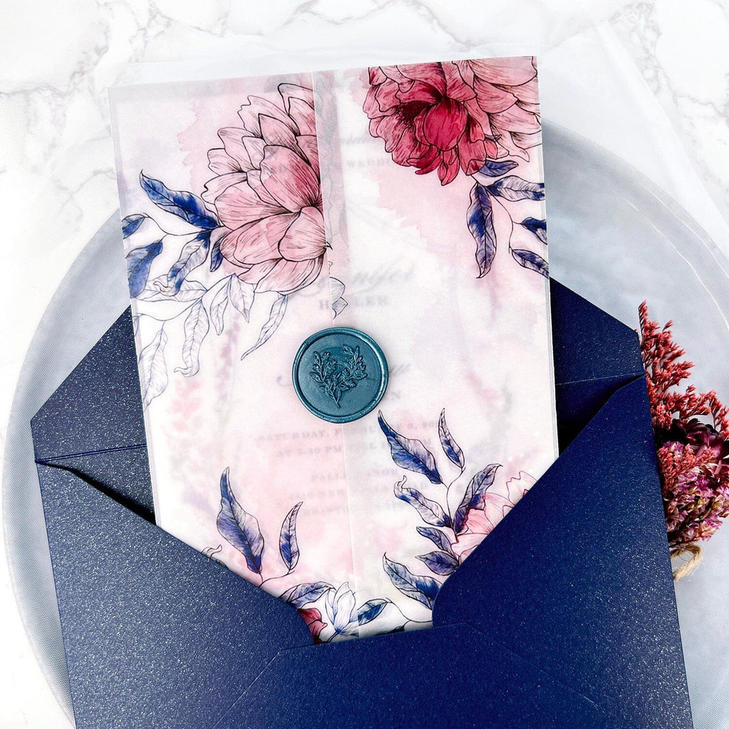 Navy and Pink Floral Vellum Wedding Invitation Suite with Wax Seal, Boho Floral Wedding Invitations, Printable Vellum Wrap Picky Bride