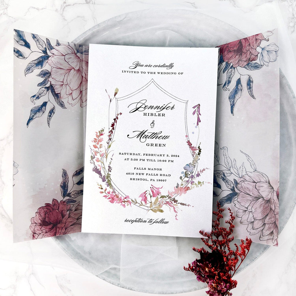 Navy and Pink Floral Vellum Wedding Invitation Suite with Wax Seal, Boho Floral Wedding Invitations, Printable Vellum Wrap Picky Bride 