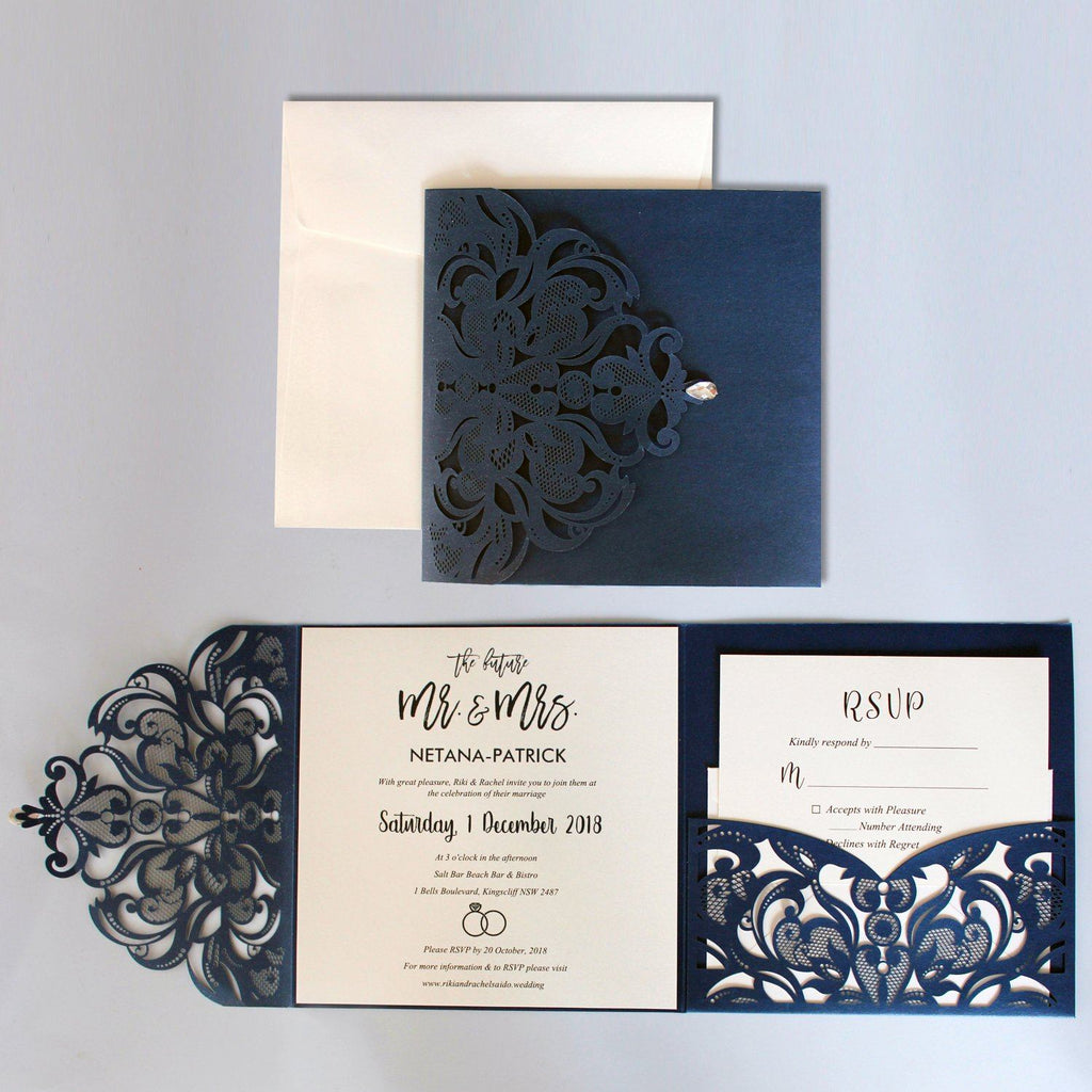 Navy Blue Wedding Invitation Pocket Invite Cards With RSVP Cards Picky Bride