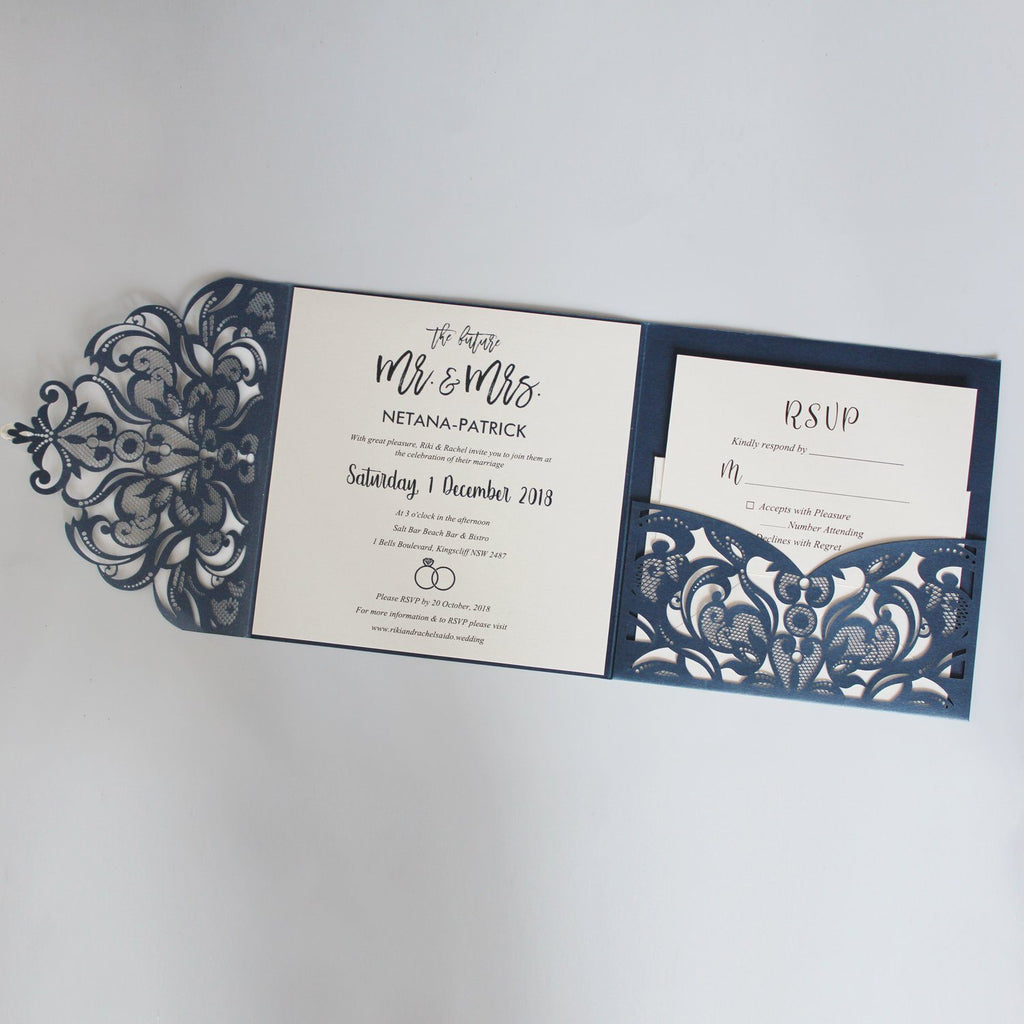 Navy Blue Wedding Invitation Pocket Invite Cards With RSVP Cards Picky Bride