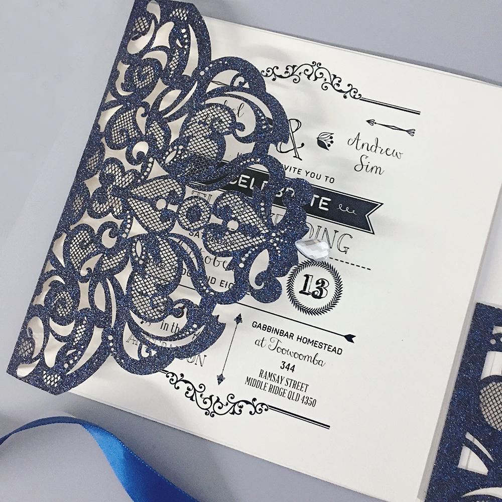 Navy Glitter Laser Cut Wedding Invitation Set Luxury Wedding Theme Picky Bride