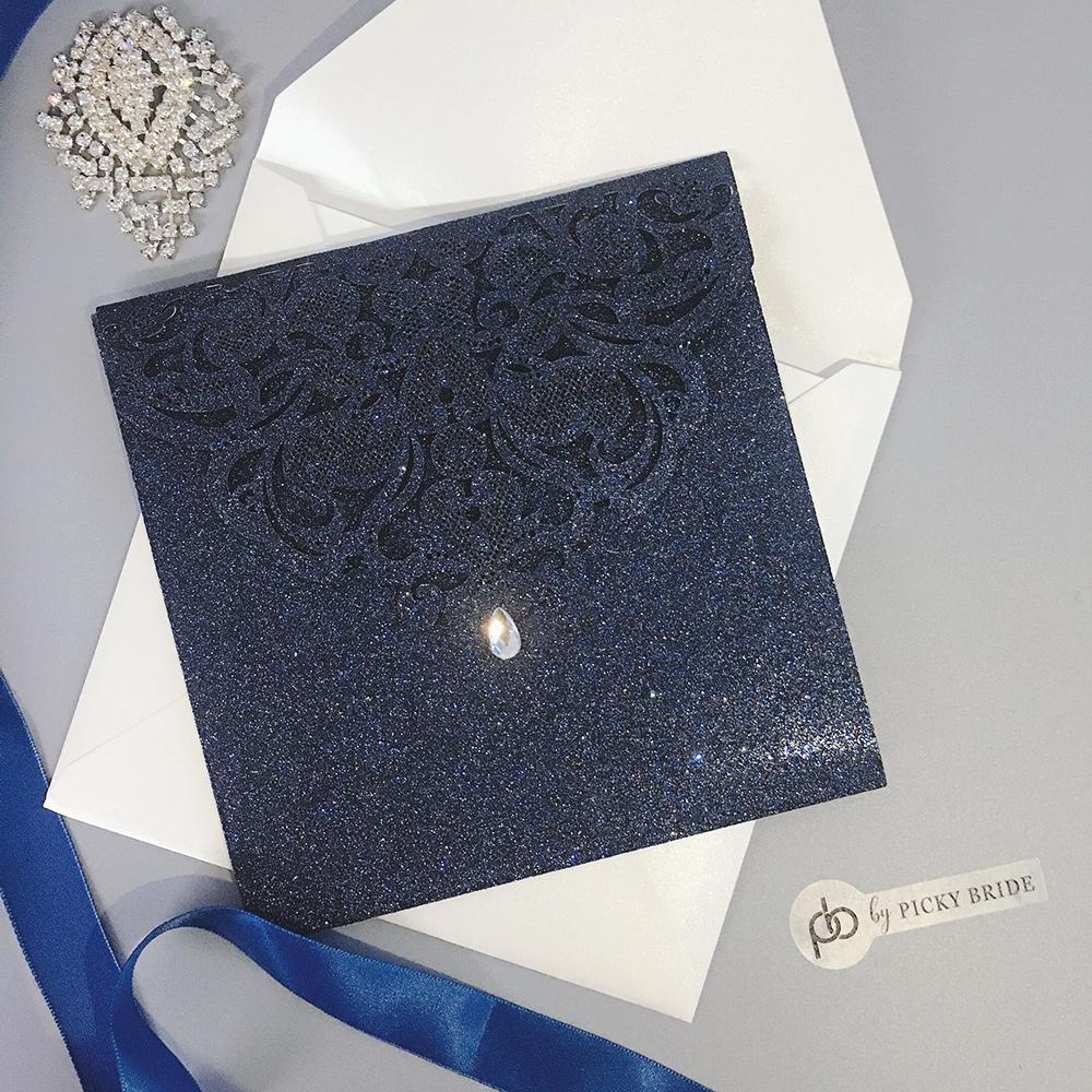 Navy Glitter Laser Cut Wedding Invitation Set Luxury Wedding Theme Picky Bride