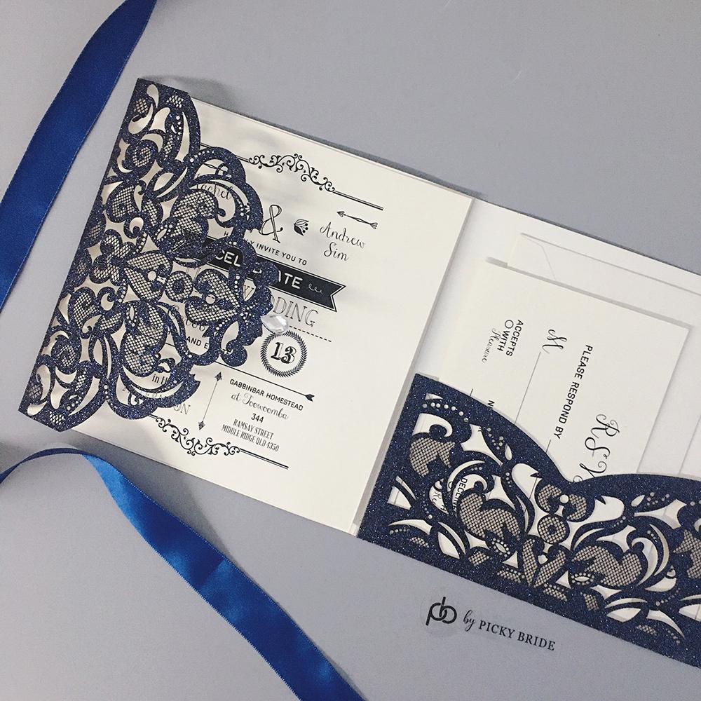 Navy Glitter Laser Cut Wedding Invitation Set Luxury Wedding Theme Picky Bride