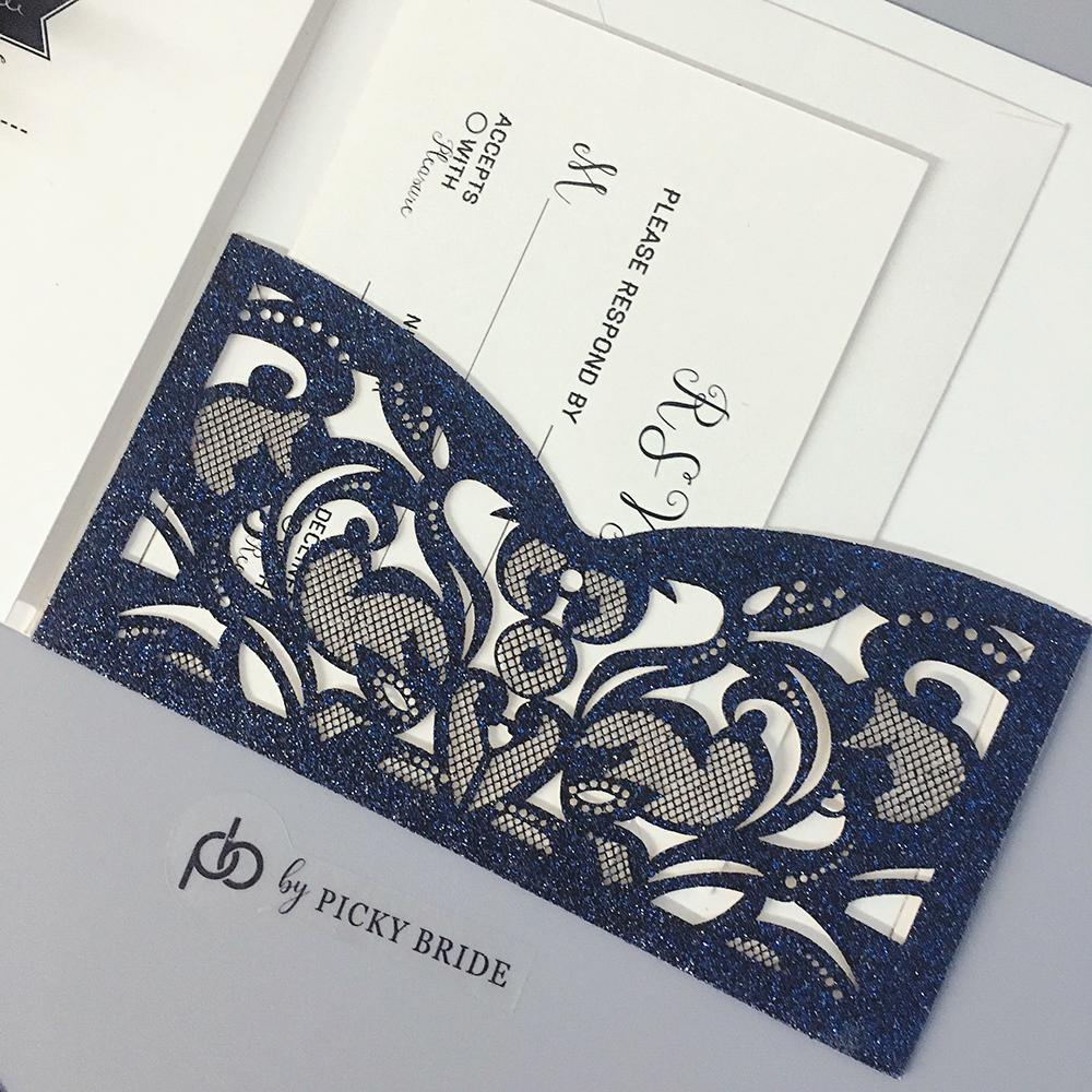 Navy Glitter Laser Cut Wedding Invitation Set Luxury Wedding Theme Picky Bride