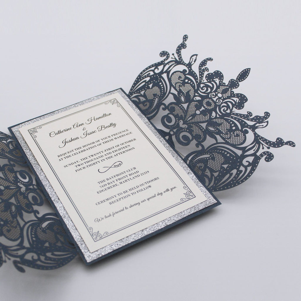 Navy Luxury Wedding Cards Invitations with Ribbon Bow Picky Bride