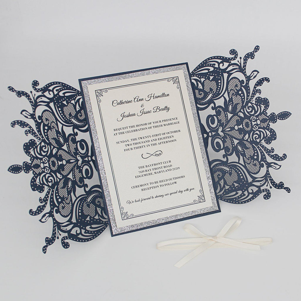 Navy Luxury Wedding Cards Invitations with Ribbon Bow Picky Bride