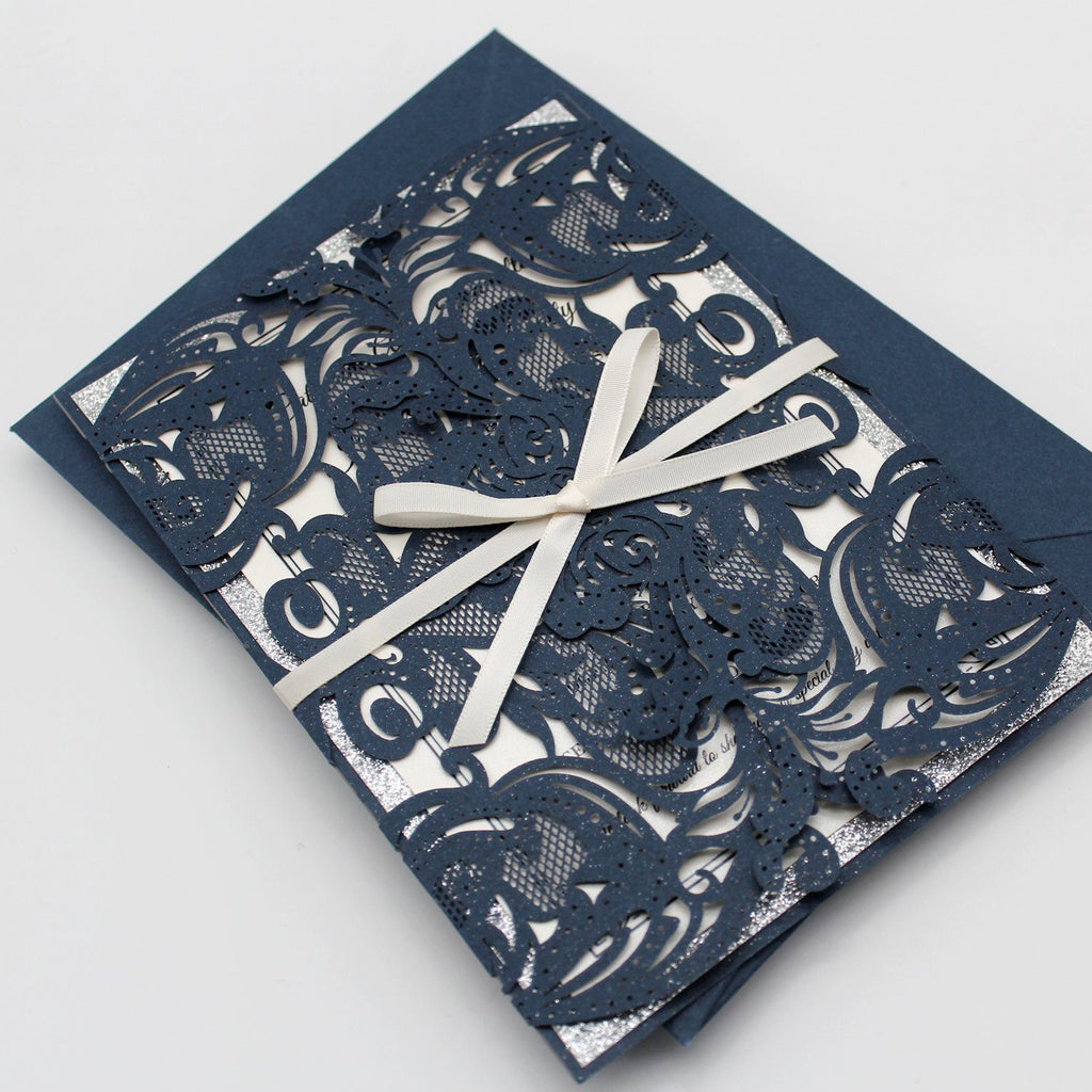 Navy Luxury Wedding Cards Invitations with Ribbon Bow Picky Bride