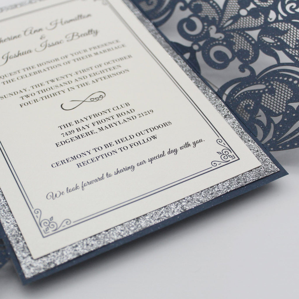 Navy Luxury Wedding Cards Invitations with Ribbon Bow Picky Bride