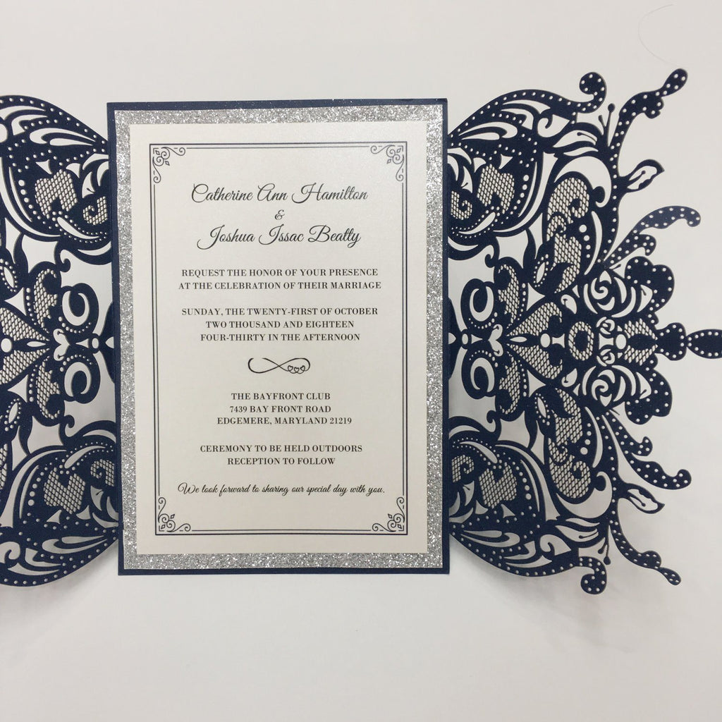 Navy Luxury Wedding Cards Invitations with Ribbon Bow Picky Bride