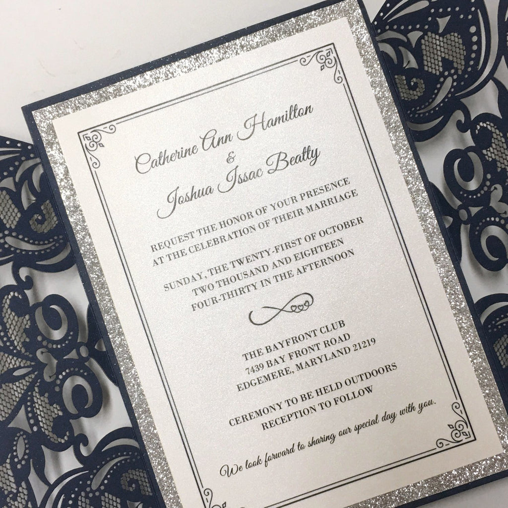 Navy Luxury Wedding Cards Invitations with Ribbon Bow Picky Bride