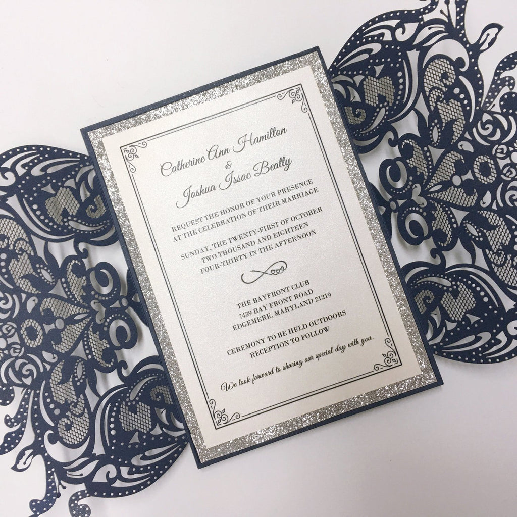 Navy Luxury Wedding Cards Invitations with Ribbon Bow Picky Bride