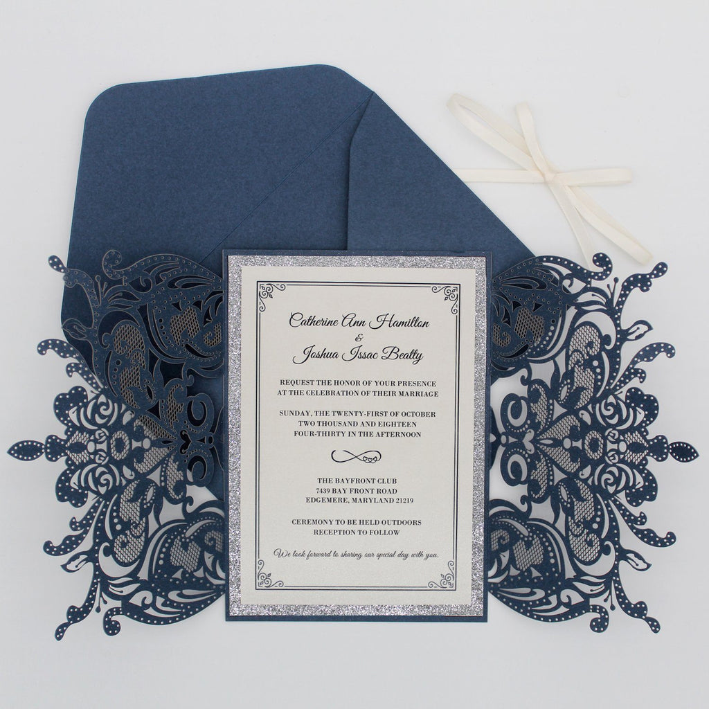 Navy Luxury Wedding Cards Invitations with Ribbon Bow Picky Bride