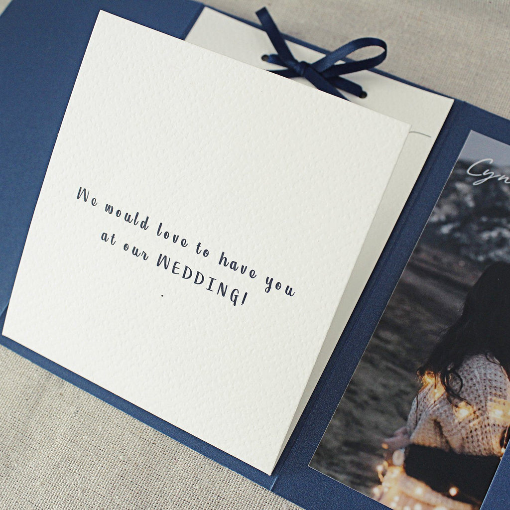 Navy Pocket Wedding Invitation , Classic Pocket Fold Invite Cards, Photo Cards & Vellum Belly Band Picky Bride