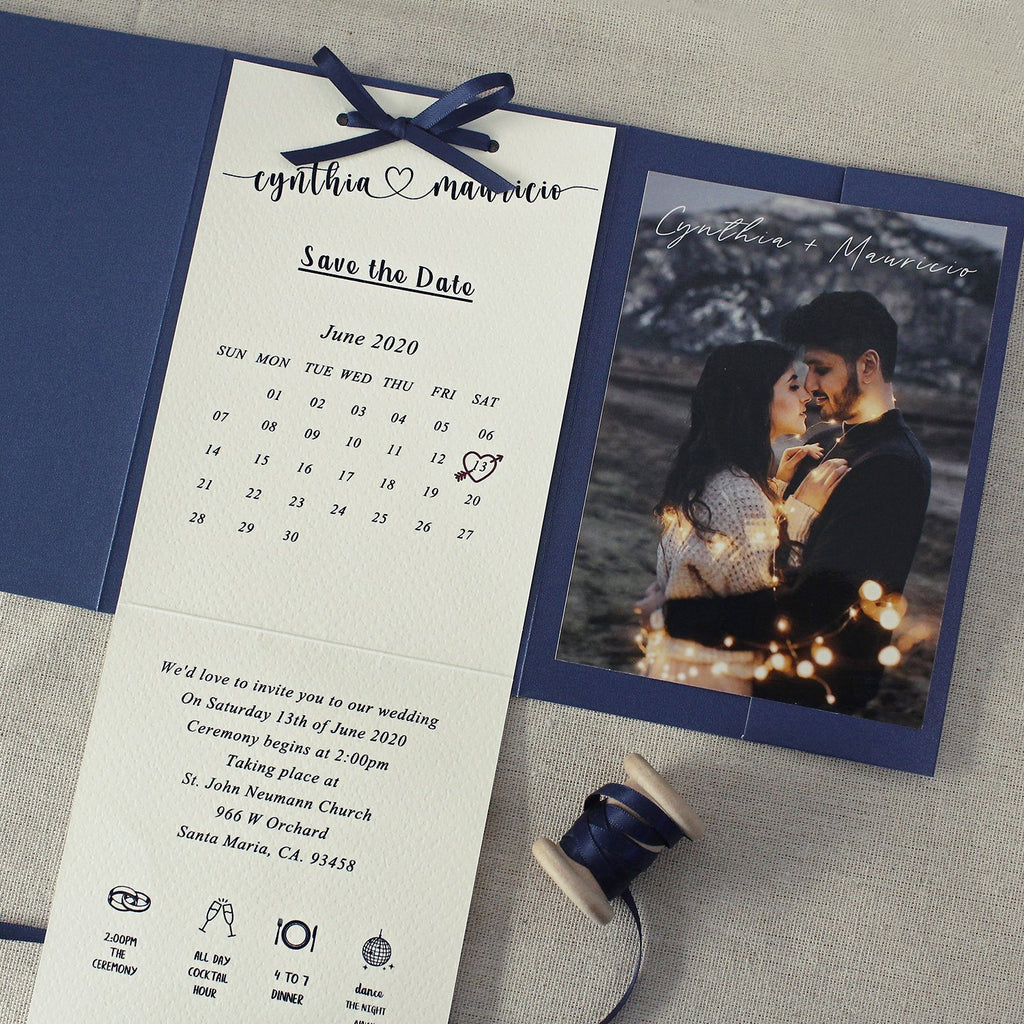 Navy Pocket Wedding Invitation , Classic Pocket Fold Invite Cards, Photo Cards & Vellum Belly Band Picky Bride
