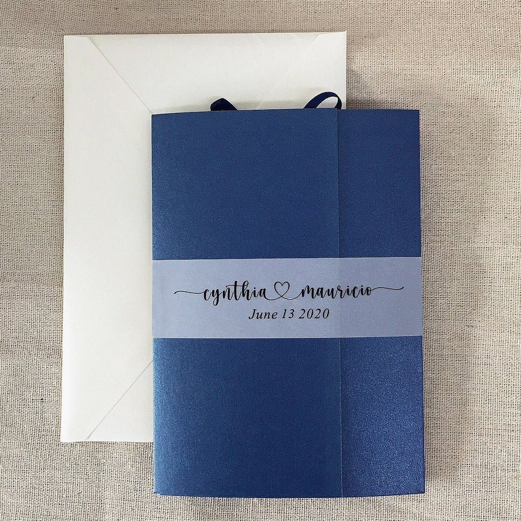 Navy Pocket Wedding Invitation , Classic Pocket Fold Invite Cards, Photo Cards & Vellum Belly Band Picky Bride