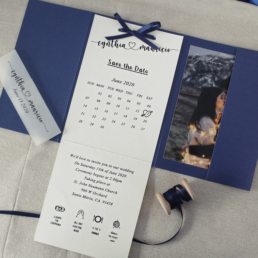 Navy Pocket Wedding Invitation , Classic Pocket Fold Invite Cards, Photo Cards & Vellum Belly Band Picky Bride 