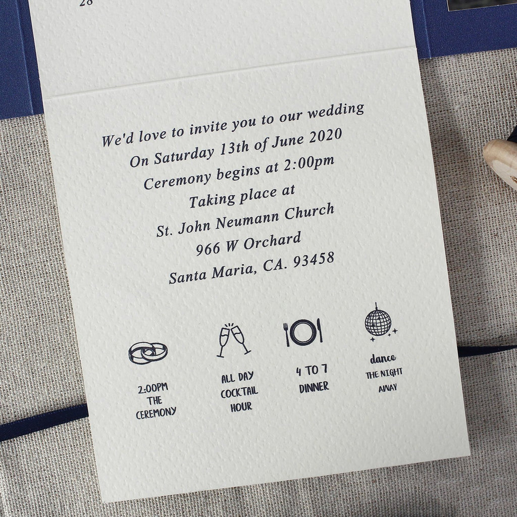 Navy Pocket Wedding Invitation , Classic Pocket Fold Invite Cards, Photo Cards & Vellum Belly Band Picky Bride