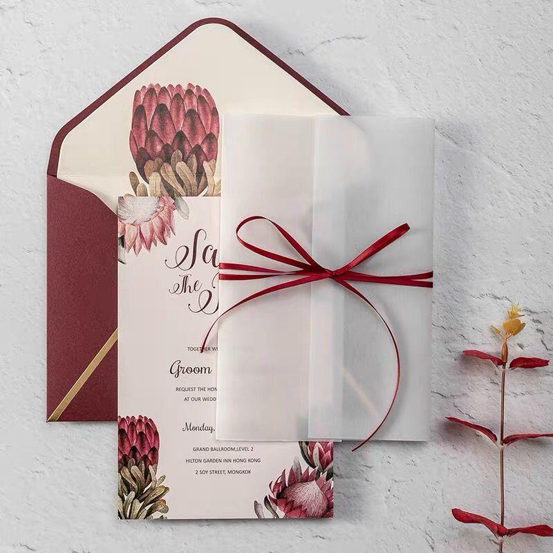 Picky Bride Burgundy Wedding Invitations Floral Invitation Cards with Vellum Paper Wrap Picky Bride