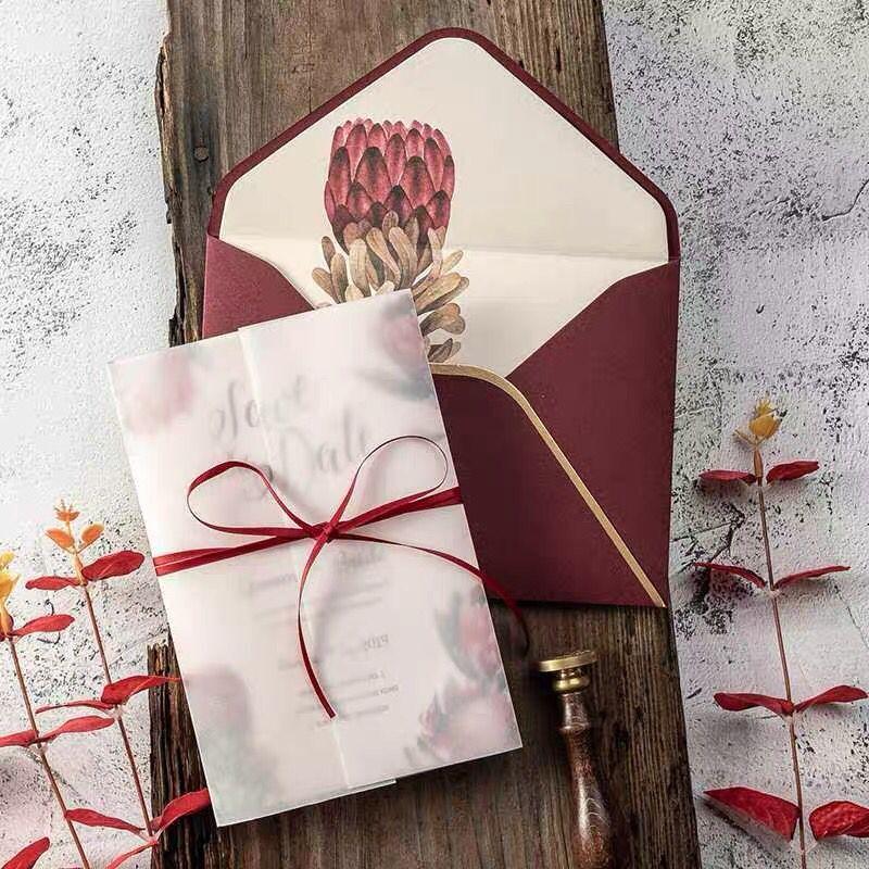 Picky Bride Burgundy Wedding Invitations Floral Invitation Cards with Vellum Paper Wrap Picky Bride