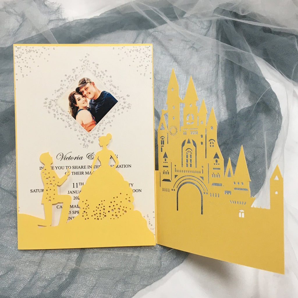 Picky Bride Castle Wedding Invitation Yellow Gold Wedding Invitations with Bride & Groom Picky Bride