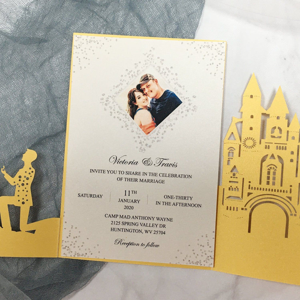 Picky Bride Castle Wedding Invitation Yellow Gold Wedding Invitations with Bride & Groom Picky Bride